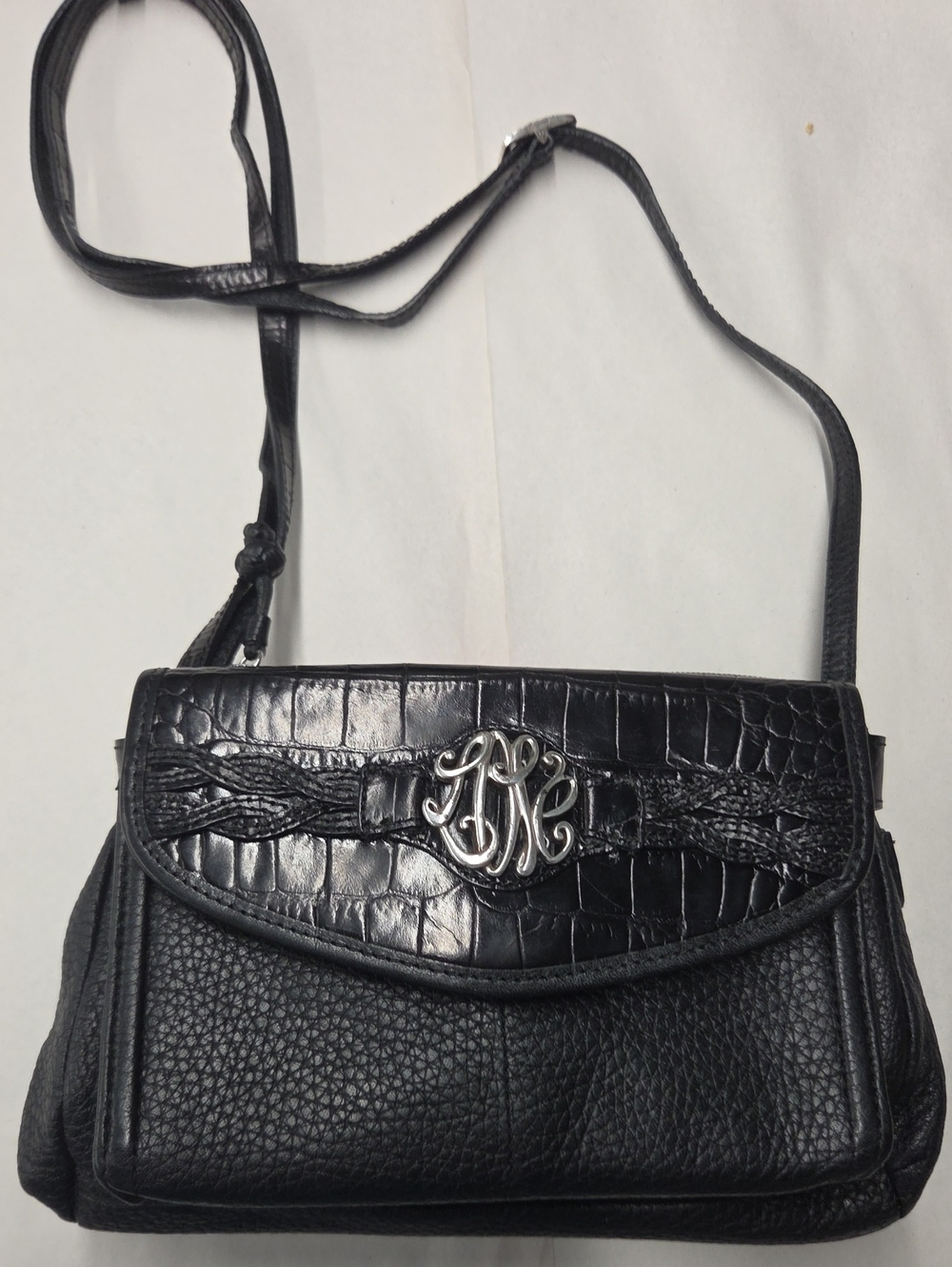 Brighton Black Leather Crossbody with Silver Monogram Accent